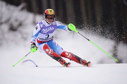 Marcel Hirscher skis during the first run of the men's slalom in Schladming, Austria on February 17, 2013