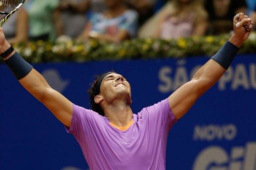 Rafael Nadal reacts after victory in Sao Paulo, Brazil, on February 17, 2013