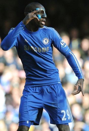 Chelsea&#039;s Demba Ba wears a protective face mask in London on February 17, 2013