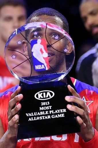 Chris Paul celebrates after winning MVP in the NBA All-Star Game on February 17, 2013 in Houston