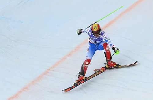 Marcel Hirscher crosses the finish line to take gold in the men's slalom in Schladming, Austria on February 17, 2013