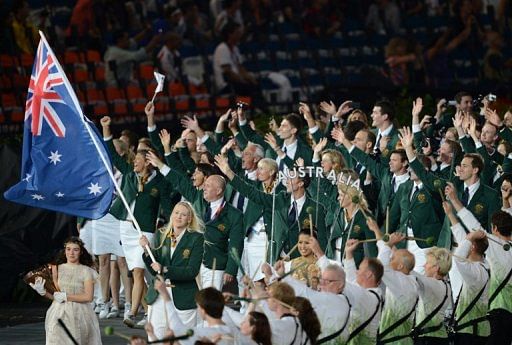 Australian participants in the London 2012 Olympics take part in the opening ceremony in London on July 27, 2012