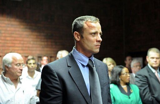 South African Olympic sprinter Oscar Pistorius appears on February 19, 2013 at the Magistrate Court in Pretoria