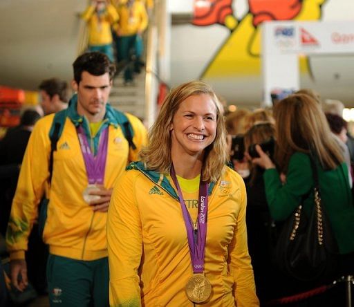 Australian swimmer Libby Trickett lands in Sydney after the London Olympics, on August 15, 2012