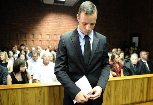 South African Olympic sprinter Oscar Pistorius appears on February 20, 2013 at the Magistrate Court in Pretoria