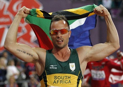 South Africa&#039;s Oscar Pistorius celebrates winning gold in the men&#039;s 400m T44 final at the London 2012 Paralympics