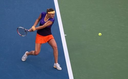 Czech Republic's Petra Kvitova retuns the ball during the WTA Dubai Open on February 19, 2013