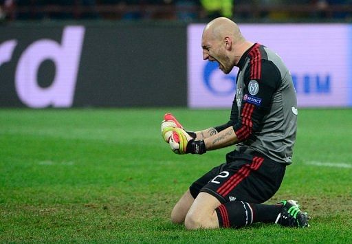 Milan goalkeeper Christian Abbiati  celebrates at the end of the Champions League win over Barcelona on February 20, 2013