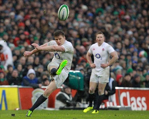 England fly-half Owen Farrell kicks a penalty during the Six Nations victory over Ireland in Dublin on February 10, 2013