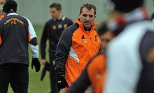Brendan Rodgers takes training on February 20, 2013, the eve of the Europa League game with Zenit St. Petersburg