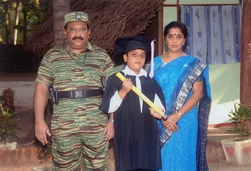Picture said to show Velupillai Prabhakaran (left), wife Mathivathani and their son Balachandran at an undisclosed place