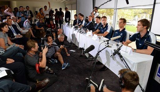 Australia&#039;s much-hyped men&#039;s Olympic swim relay team speak at a press conference in Sydney, on February 22, 2013