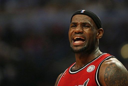 LeBron James of the Miami Heat complains to an official during the game against the Chicago Bulls on February 21, 2013