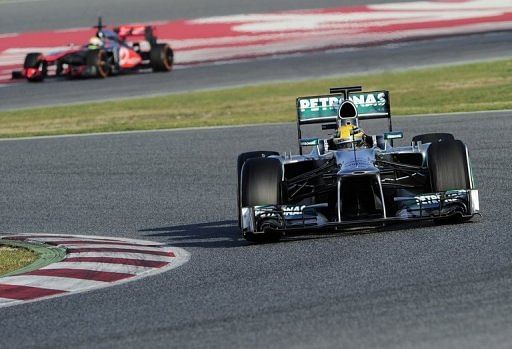 Lewis Hamilton takes part in Formula One testing at the Catalunya racetrack near Barcelona, on February 20, 2013