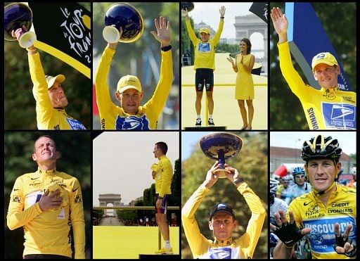 A combination made on June 14, 2012 shows pictures taken between 1995-2005 of US cyclist Lance Armstrong, all in France