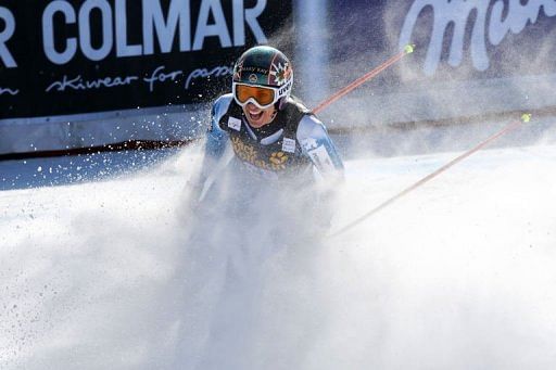 Spain&#039;s Carolina Ruiz Castillo reacts as she wins the FIS Ski World Cup women&#039;s downhill on February 23, 2013
