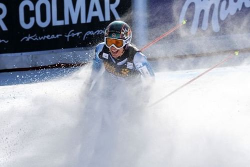 Spain's Carolina Ruiz Castillo reacts as she wins the FIS Ski World Cup women's downhill on February 23, 2013