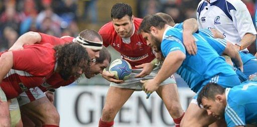 Mike Phillips of Wales prepares for the scrum during the Six Nations clash with Italy in Rome on February 23, 2013