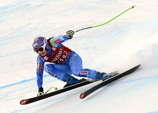 Tina Maze competes during the FIS Alpine World Cup on February 24, 2012, in the French ski resort of Meribel