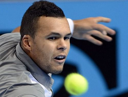 Jo-Wilfried Tsonga hits a return on February 24, 2013 in Marseille