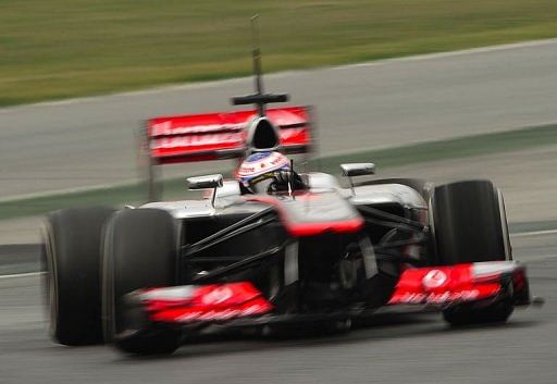 McLaren&#039;s Jenson Button drives during testing at Catalunya&#039;s racetrack in Montmelo, near Barcelona, on February 21, 2013