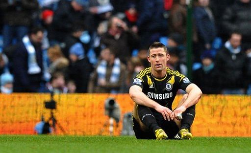 Gary Cahill reacts after the final whistle in their 2-0 defeat in Manchester on February 24, 2013