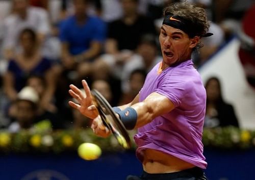 Rafael Nadal hits a return in the final of the Brazil Open in Sao Paulo on February 17, 2013