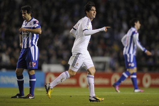 Kaka celebrates after scoring against Deportivo in Coruna on February 23, 2013