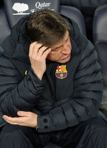 Barcelona&#039;s coach Jordi Roura reacts at the Camp Nou stadium in Barcelona on February 26, 2013
