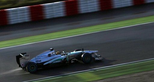 Lewis Hamilton steers his Mercedes&#039; racecar during testing at the Catalunya Circuit near Barcelona, on February 28, 2013