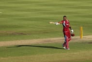 SYDNEY, AUSTRALIA - FEBRUARY 08: Kieron Pollard of West Indies celebrates scoring his century during game four of the Commonwealth Bank One Day International Series