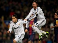 BARCELONA, SPAIN - FEBRUARY 26: Cristiano Ronaldo (L) of Real Madrid celebrates scoring his sides opening goal with his teammate Sergio Ramos during the Copa del Rey semi final second leg match between FC Barcelona and Real Madrid CF
