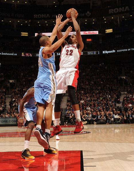 TORONTO, CANADA - FEBRUARY 12: Rudy Gay #22 of the Toronto Raptors takes a shot against the Denver Nuggets