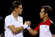 Tomas Berdych of Czech Republic congratulates Richard Gasquet of France after their match during the Sony Open at Crandon Park Tennis Center on March 27, 2013 in Key Biscayne, Florida. (Photo by Matthew Stockman/Getty Images)