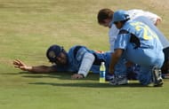 Sachin Tendulkar of India receives medical attention