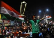 Indian cricket fans celebrate victory ov