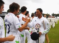 Usman Khawaja and Ross Whiteley of Derbyshire celebrate victory and the title during the LV County Championship match between Derbyshire and Hampshire at The County Ground on September 14, 2012 in Derby, England.