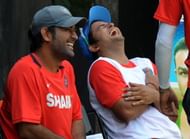 Indian cricketers Mahendra Singh Dhoni (