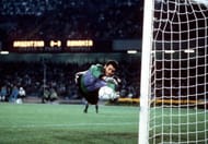 1990 World Cup Finals. Naples, Italy. 18th June, 1990. Argentina 1 v Romania 1. Argentine goalkeeper Sergio Goycochea makes a flying save.