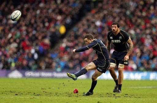Scotland&#039;s Greig Laidlaw kicks a penalty during the Six Nations match against Ireland in Edinburgh on February 24, 2013