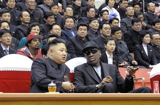 Kim Jong-Un (front left) and Dennis Rodman (front right) at a basketball game in Pyongyang on February 28, 2013