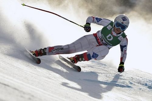 Tina Weirather in the women's downhill event at the Ski World Championships in Schladming, Austria on February 10, 2013