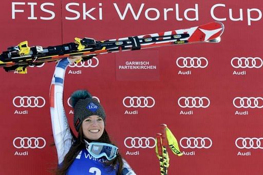 Liechtenstein&#039;s Tina Weirather celebrates victory in Garmisch-Partenkirchen, southern Germany, on March 1, 2013