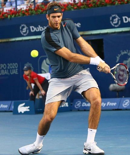 Argentina&#039;s Juan Martin Del Potro returns the ball to Serbia&#039;s Novak Djokovic on March 1, 2013