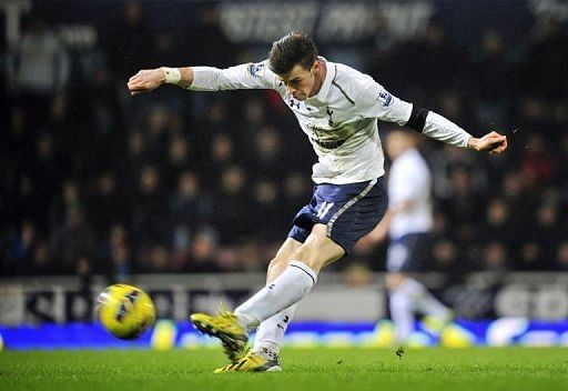 Tottenham&#039;s Gareth Bale scores during their Premier League game against West Ham on February 25, 2013