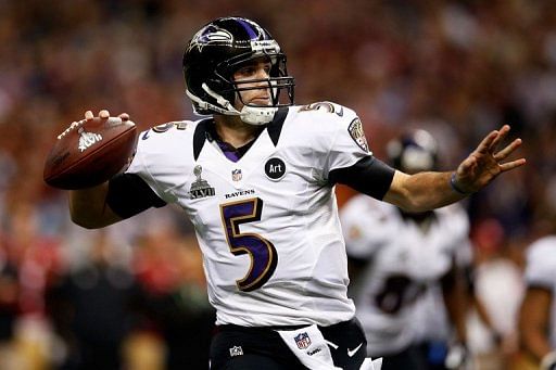 Joe Flacco of the Baltimore Ravens looks to pass during Super Bowl XLVII on February 3, 2013