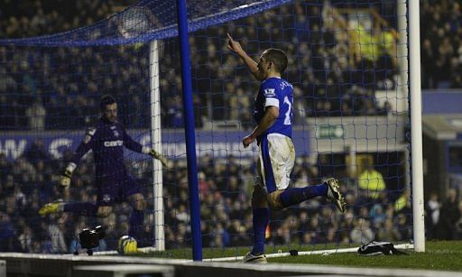 Everton&#039;s Leon Osman celebrates scoring against Oldham Athletic on February 26, 2013