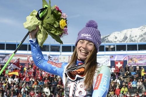 Slovenia's Tina Maze celebrates winning the Women's Downhill in Garmisch-Partenkirchen, Germany on March 2, 2013