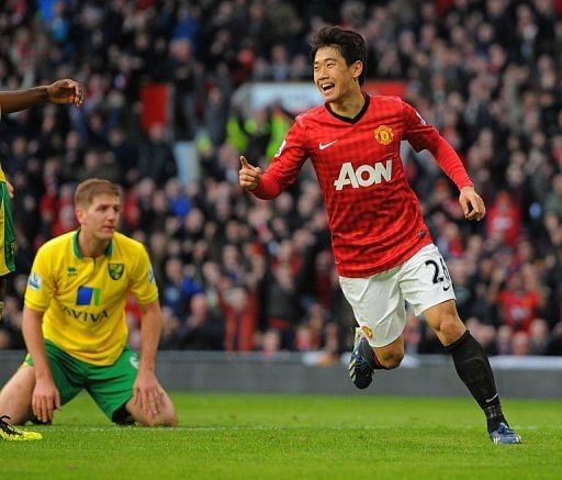 Manchester United&#039;s Shinji Kagawa celebrates scoring at Old Trafford stadium in Manchester on March 2, 2013