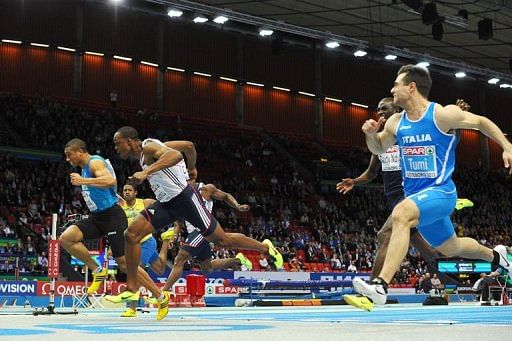 L-R: France&#039;s Jimmy Vicaut, Great Britain&#039;s James Dasaolu &amp; Italy&#039;s Michael Tumi compete in the Men&#039;s 60m, March 2, 2013